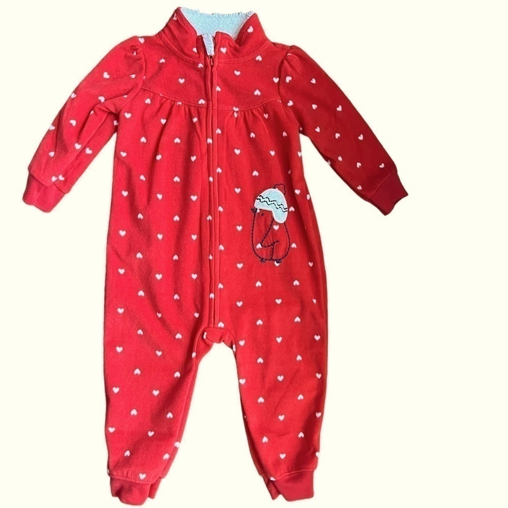Carter's Child of Mine 12m Baby Girl Red Hearts Penguin One Piece warm Jumpsuits
